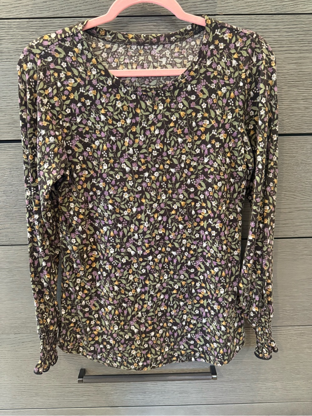 Amazon Women’s Black Long Sleeve Top with Purple, Yellow & Green Floral Print